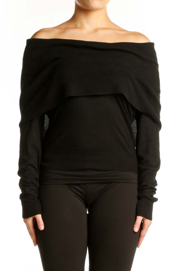 Black off-shoulder cashmere blend top with long sleeves and fitted waist, front view