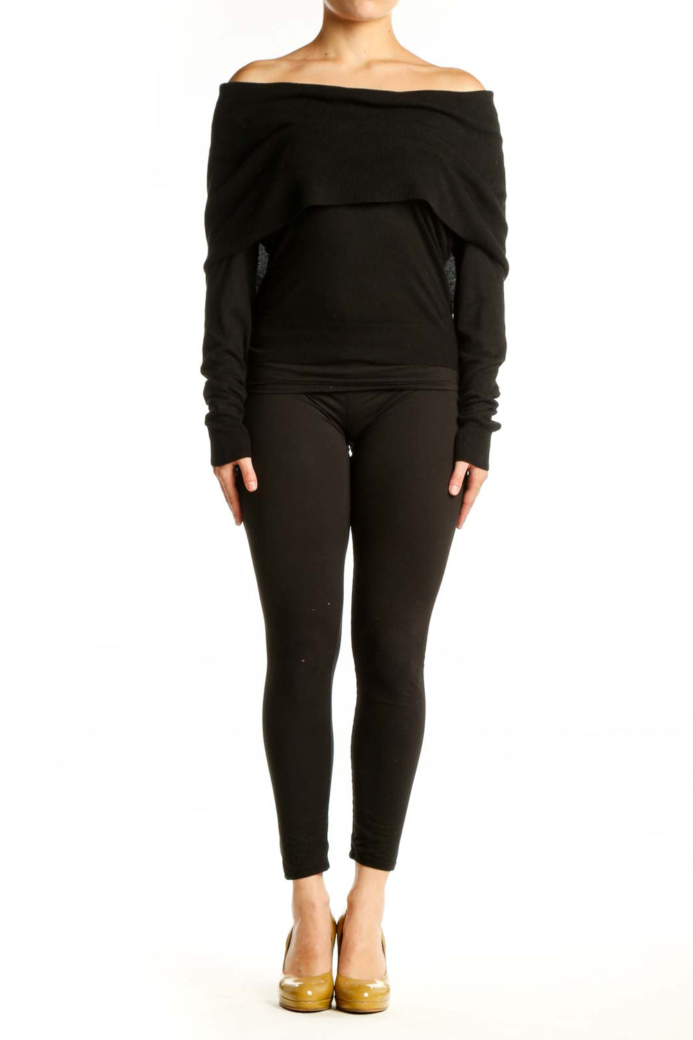 Black off-shoulder cashmere blend top with long sleeves and fitted waist, front view