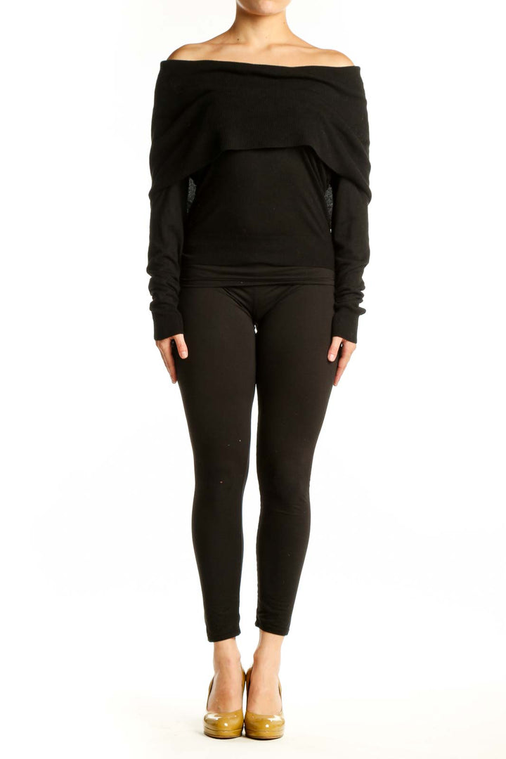 Black off-shoulder cashmere blend top with long sleeves and fitted waist, front view