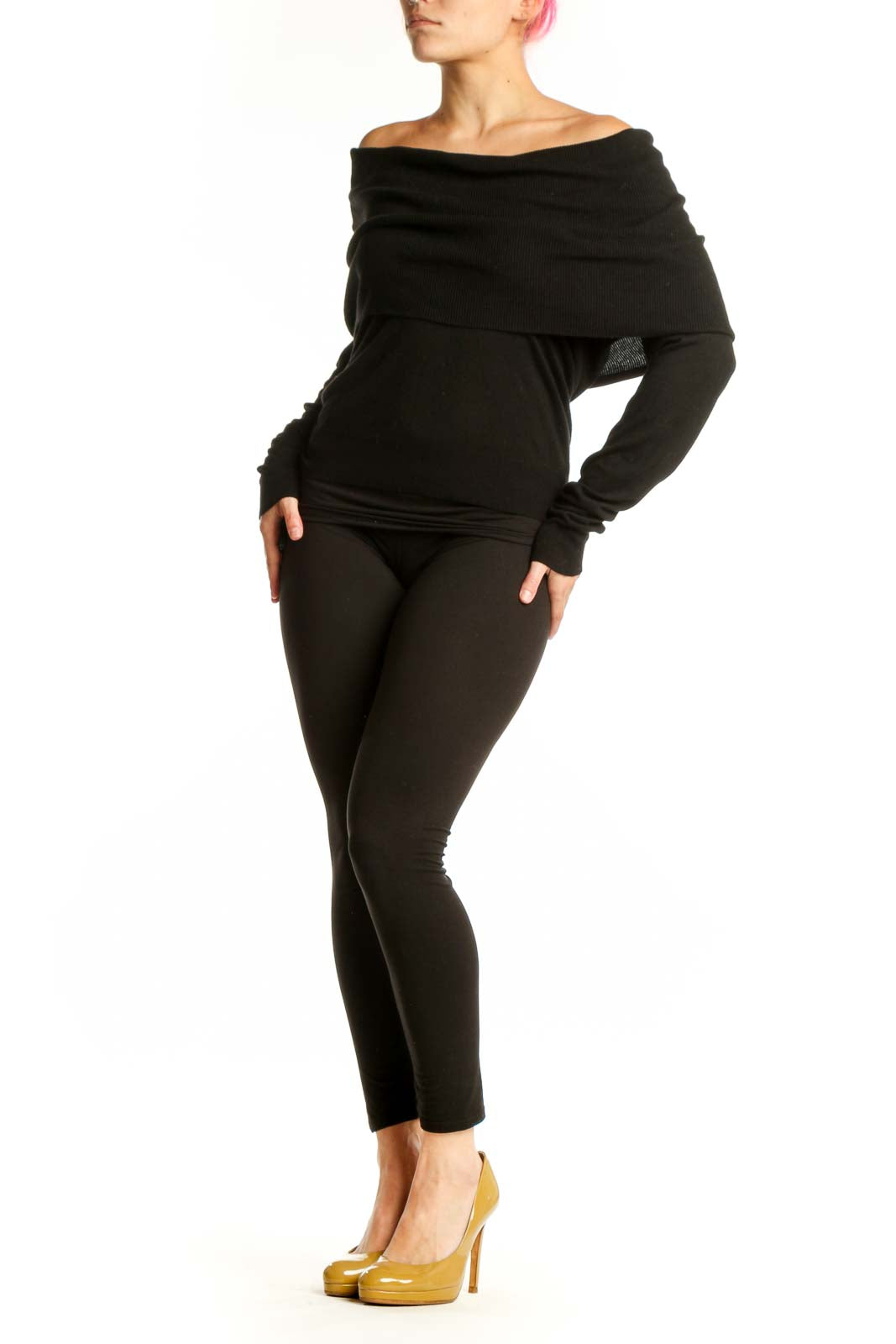 Black off-shoulder cashmere blend top with long sleeves and fitted waist, front view