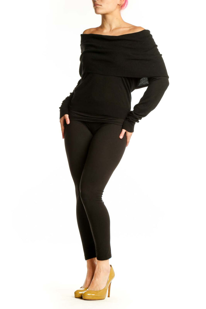Black off-shoulder cashmere blend top with long sleeves and fitted waist, front view