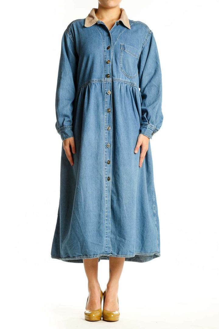 Blue denim button-front shirt dress with collared neckline and gathered waist, front view