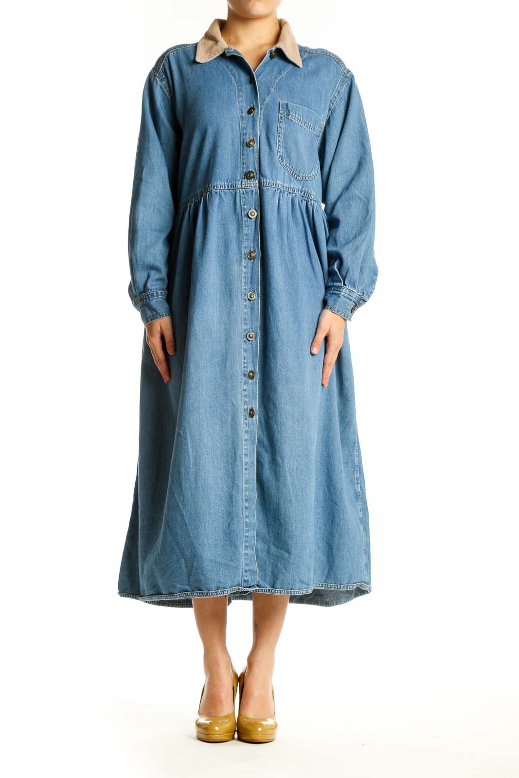 Blue denim button-front shirt dress with collared neckline and gathered waist, front view
