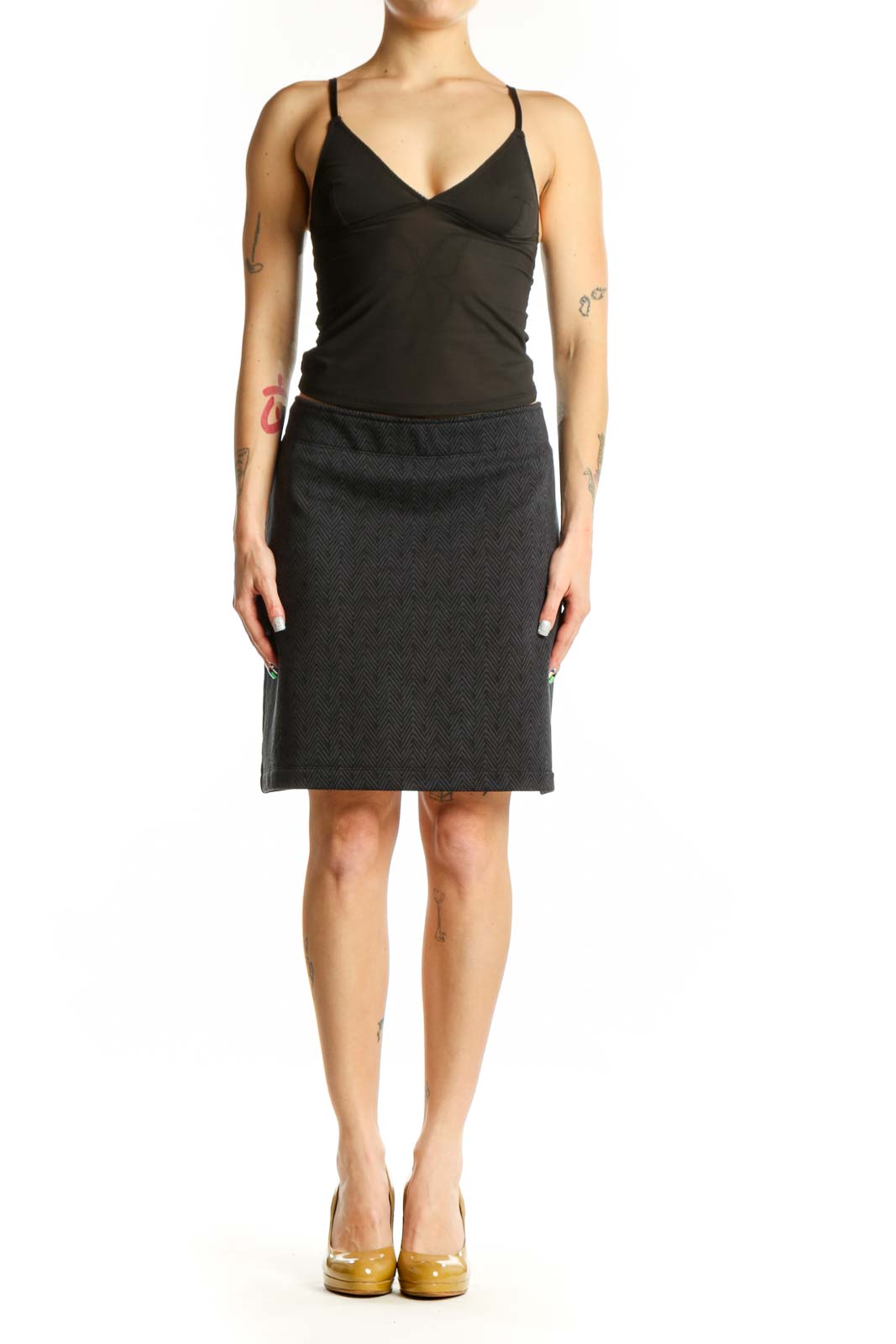 Charcoal gray chevron knit pencil skirt front view, showing textured pattern and fitted silhouette