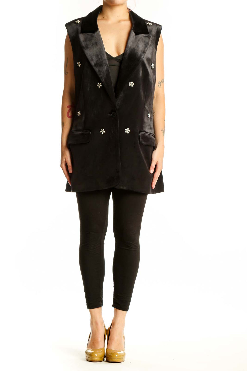 Black velvet blazer vest with silver snowflake embellishments, notched collar, and patch pockets, front view