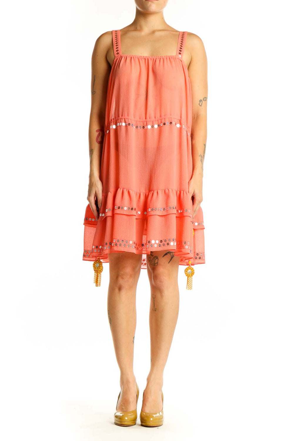 Coral tiered sleeveless dress with beaded embellishments and studded straps, front view