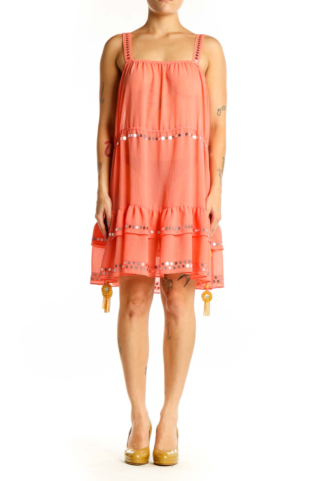 Coral tiered sleeveless dress with beaded embellishments and studded straps, front view