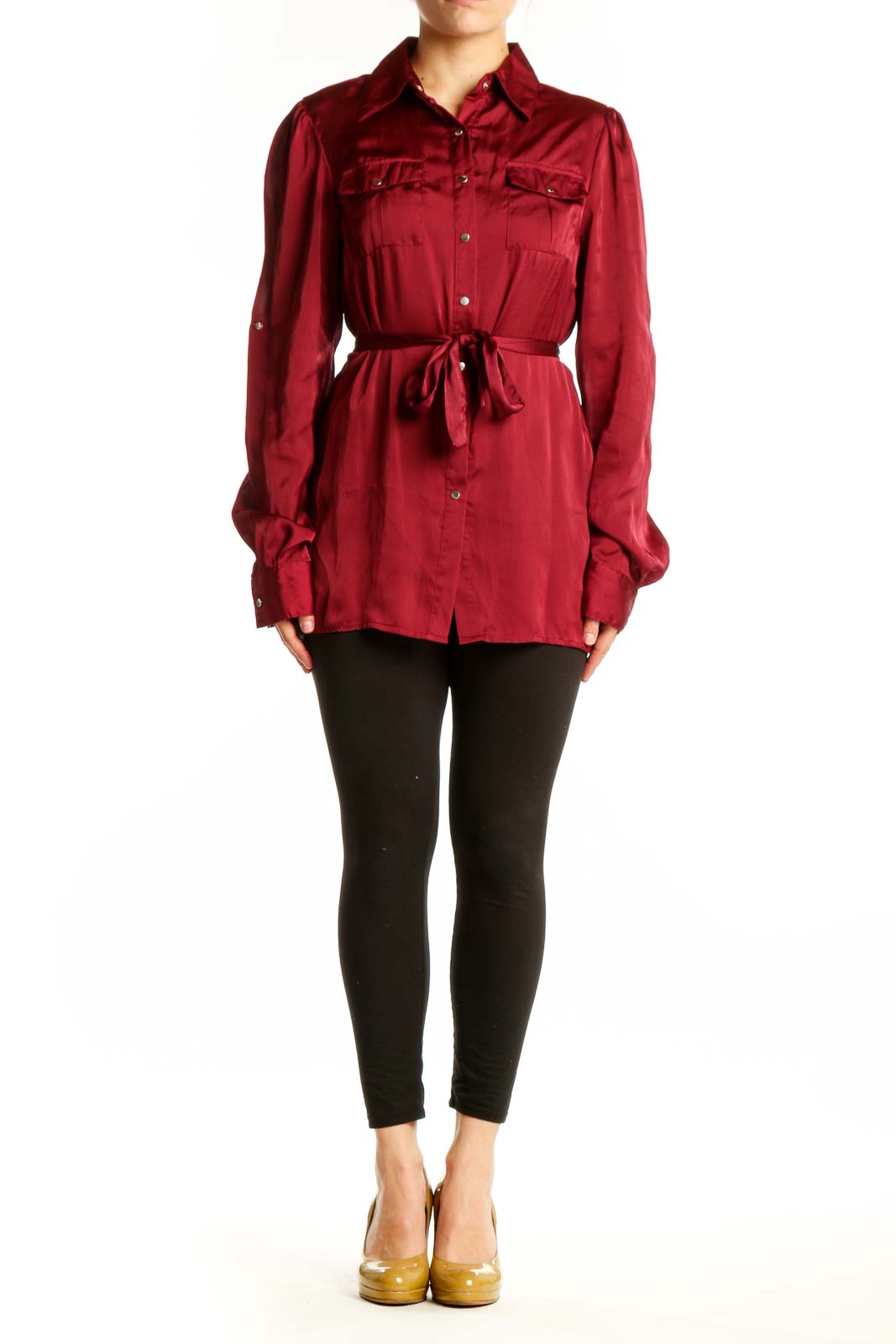 Burgundy button-up shirt with tie waist and chest pockets, front view