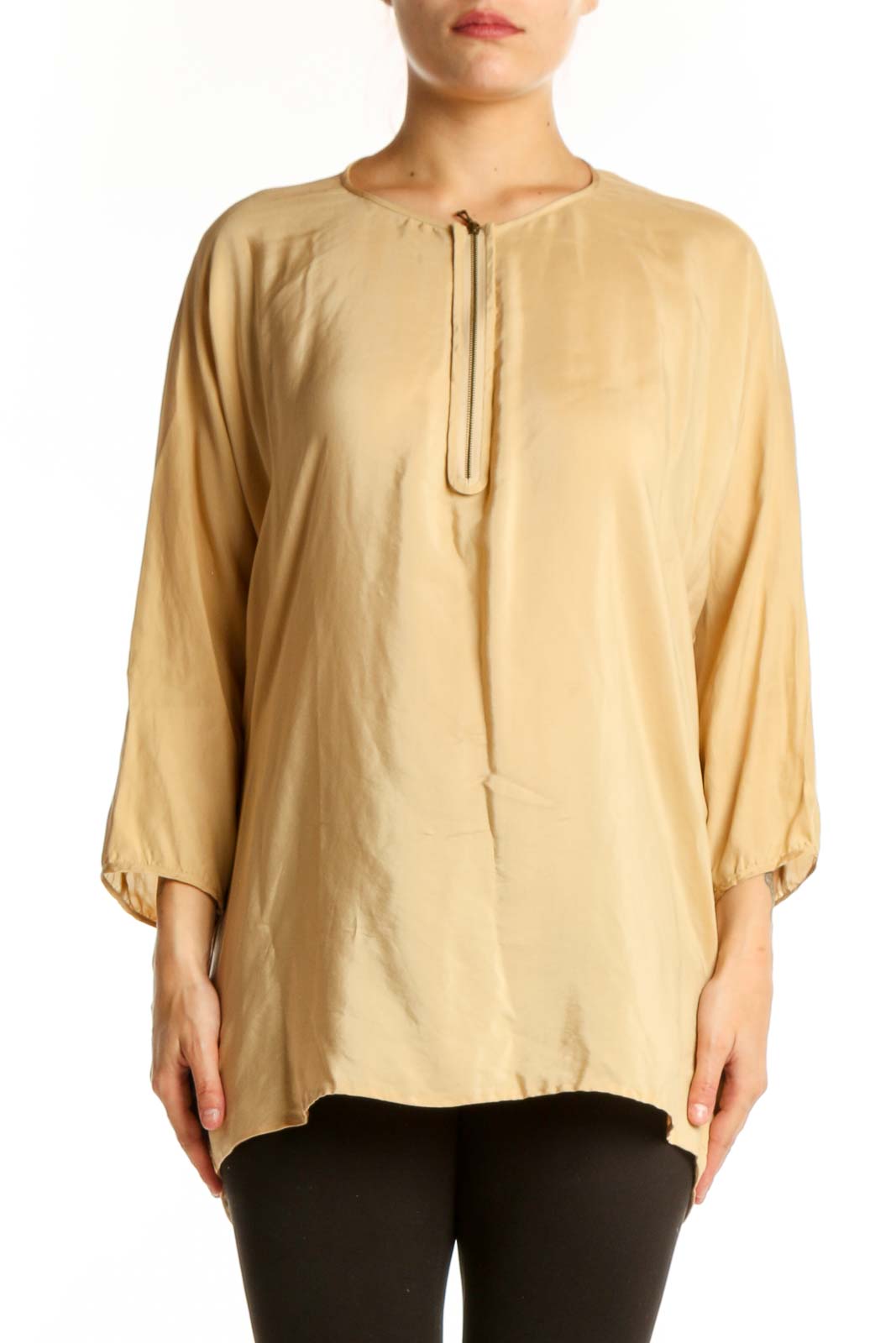 Cream silk tunic top with tie neckline and three-quarter sleeves, front view