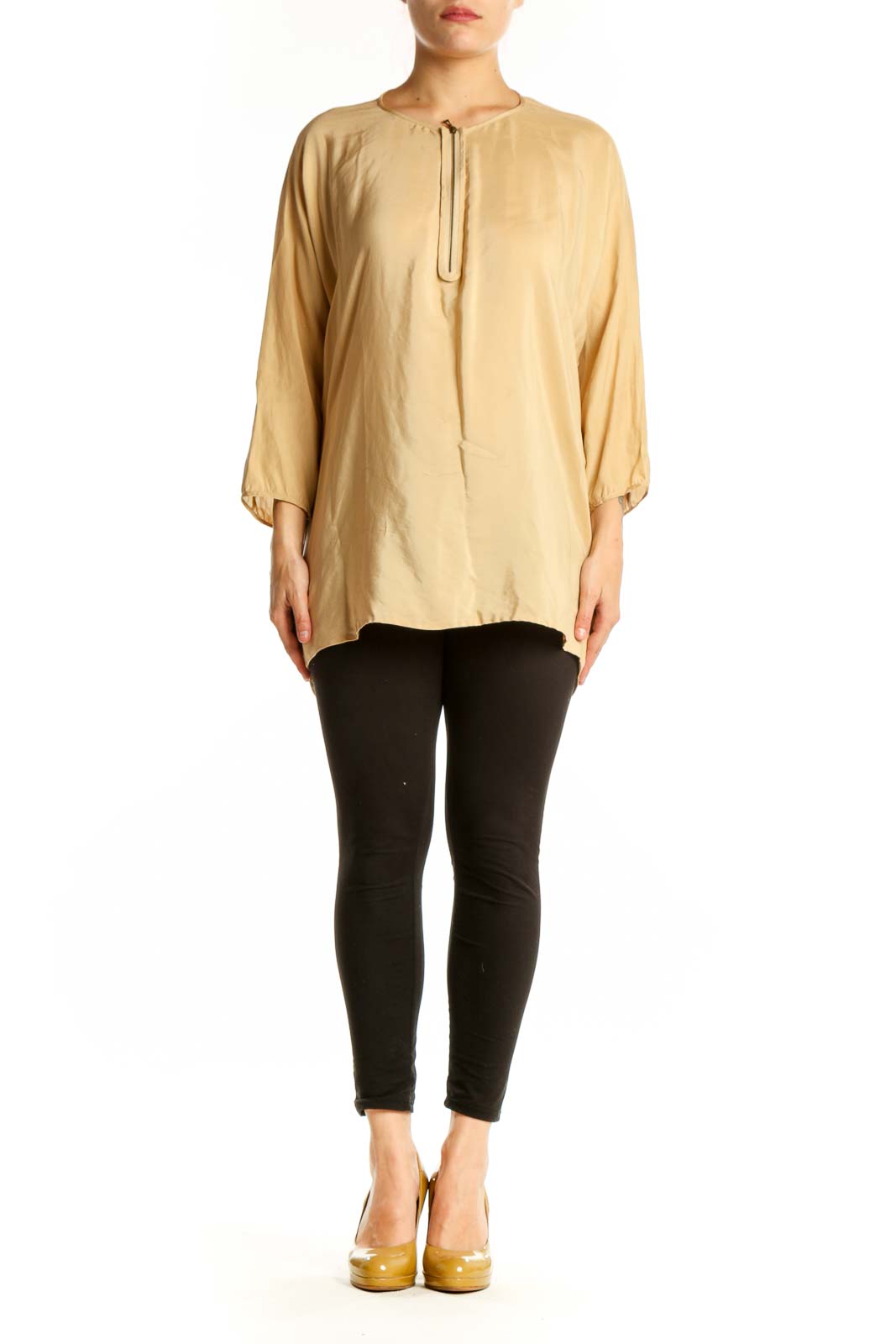 Cream silk tunic top with tie neckline and three-quarter sleeves, front view