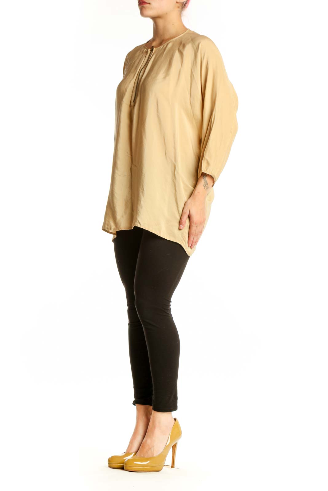 Cream silk tunic top with tie neckline and three-quarter sleeves, front view