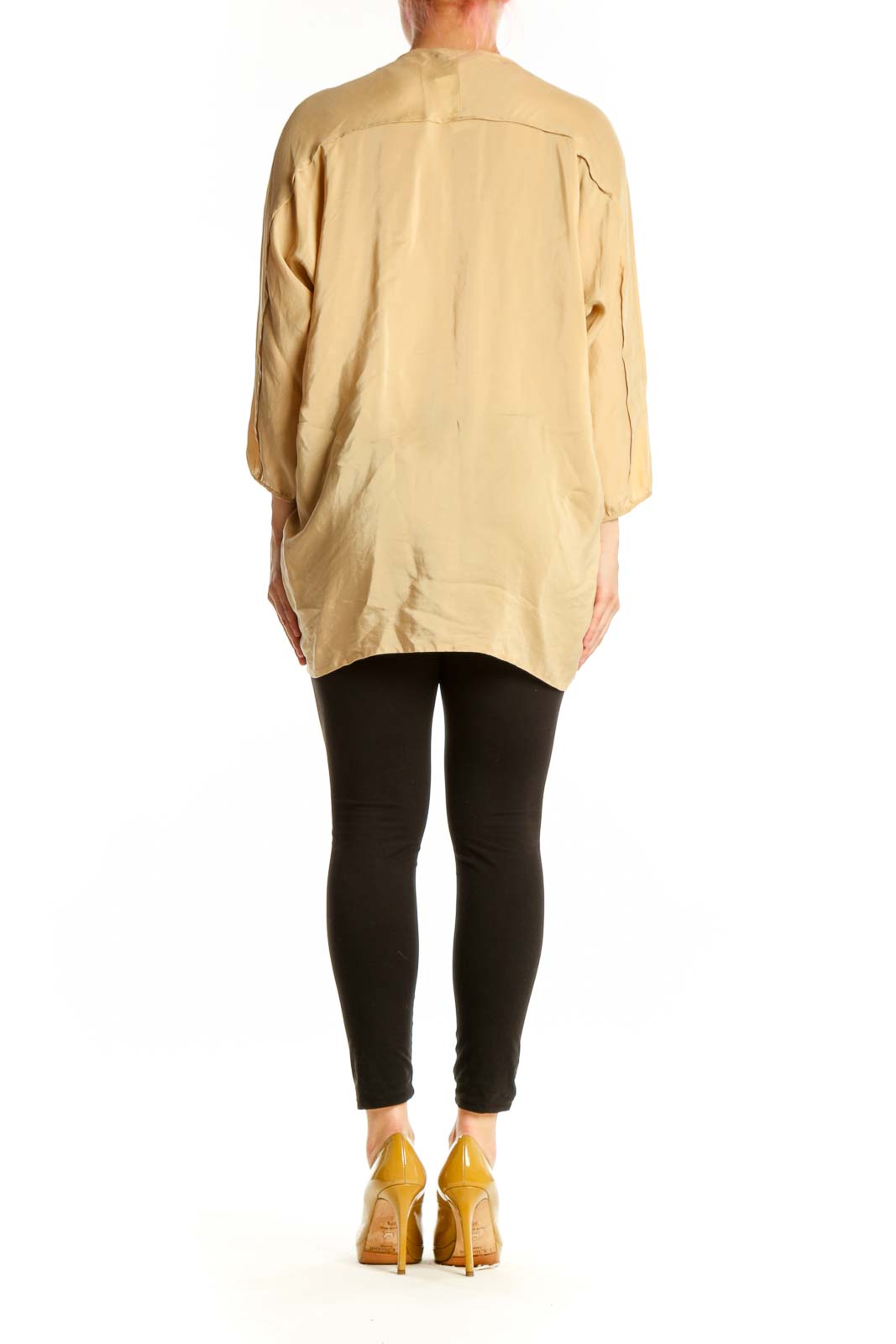 Cream silk tunic top with tie neckline, back view showing relaxed silhouette