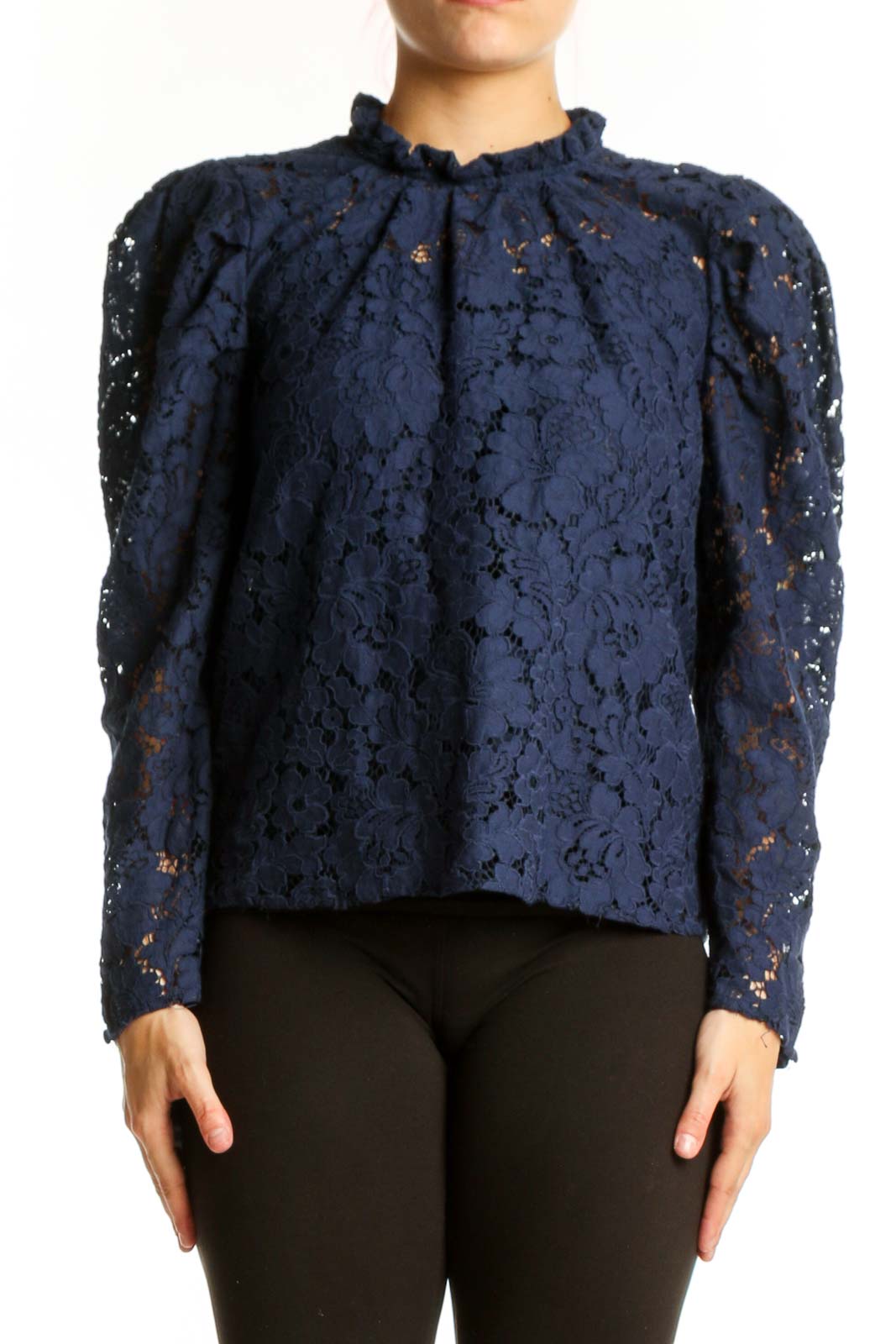 Navy lace puff sleeve top with intricate floral lace detailing and crew neckline, front view