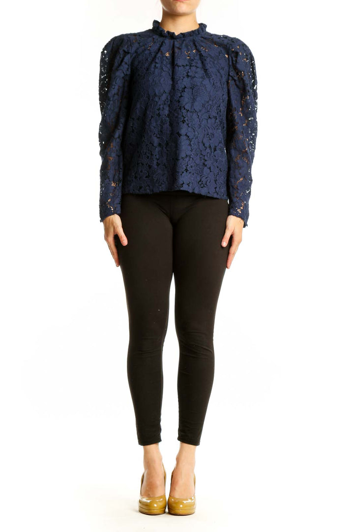 Navy lace puff sleeve top with intricate floral lace detailing and crew neckline, front view
