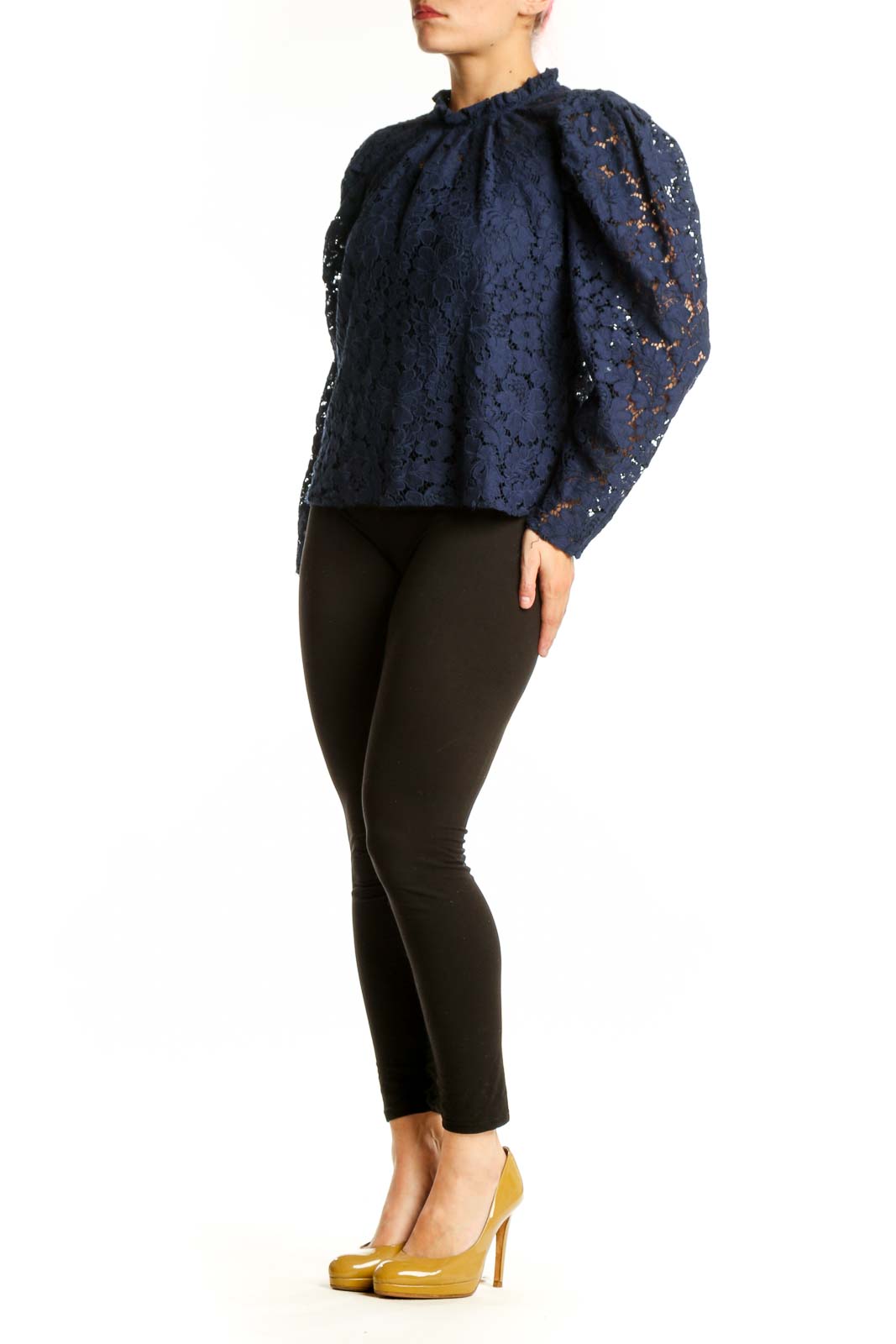 Navy lace puff sleeve top with intricate floral lace detailing and crew neckline, front view