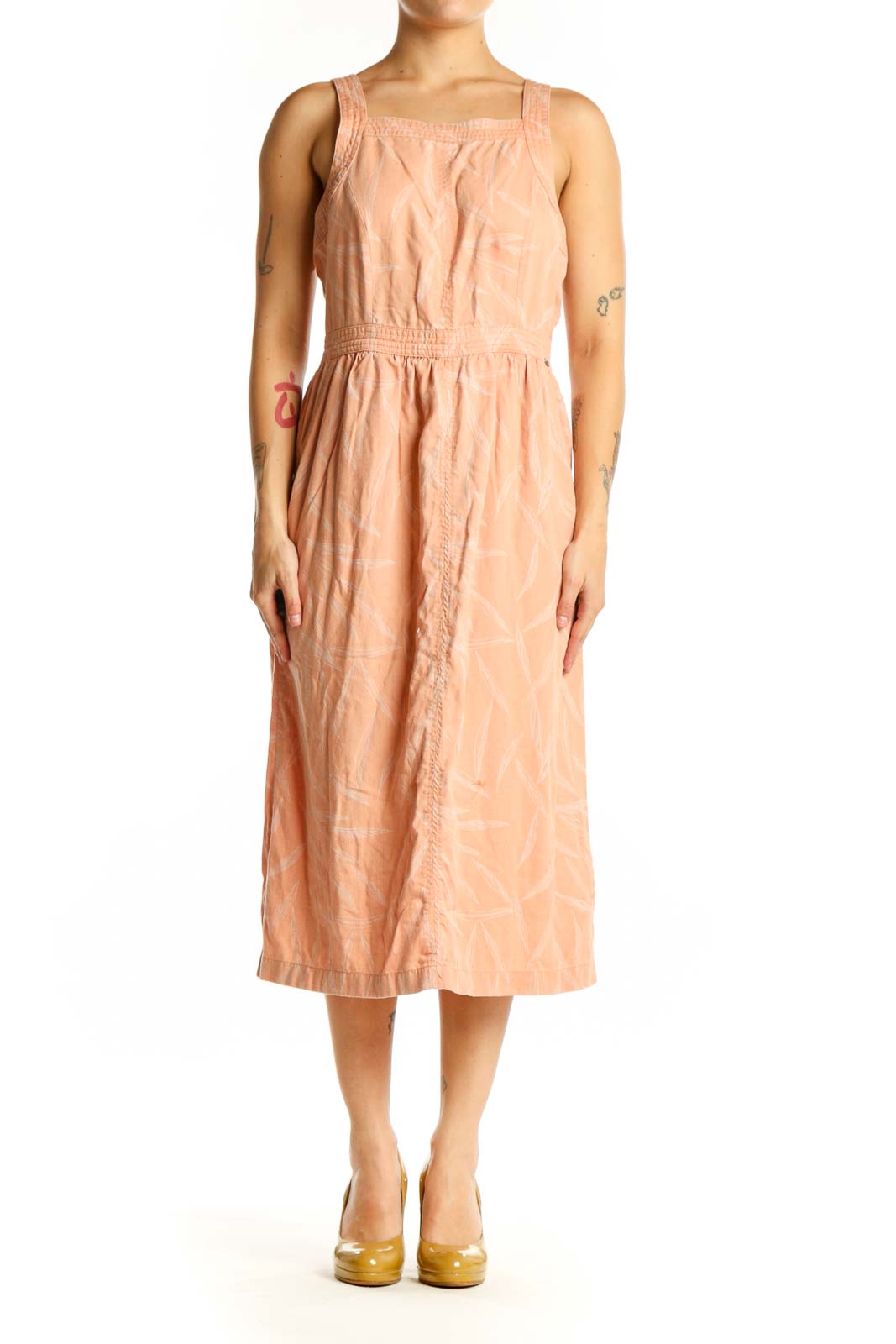 Front view of peach Tencel Lyocell midi dress with square neckline and defined waistband