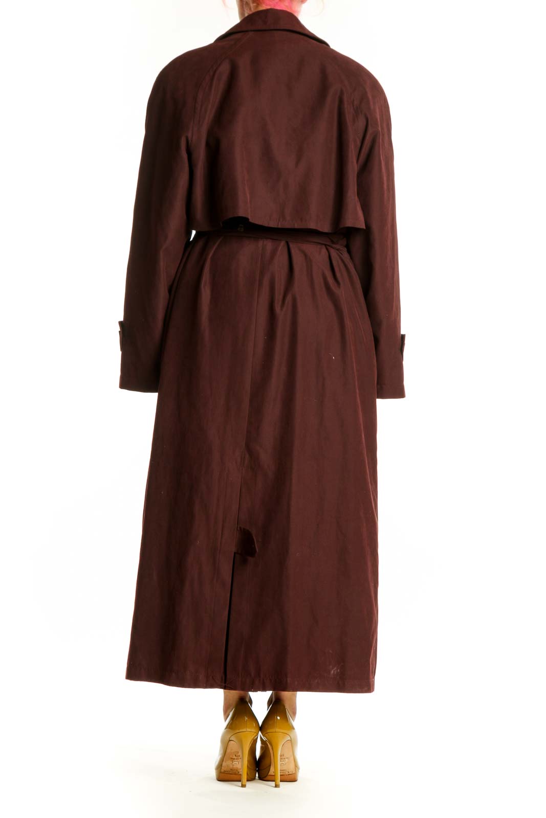 Burgundy double-breasted trench coat with adjustable belt, back view showing midi length