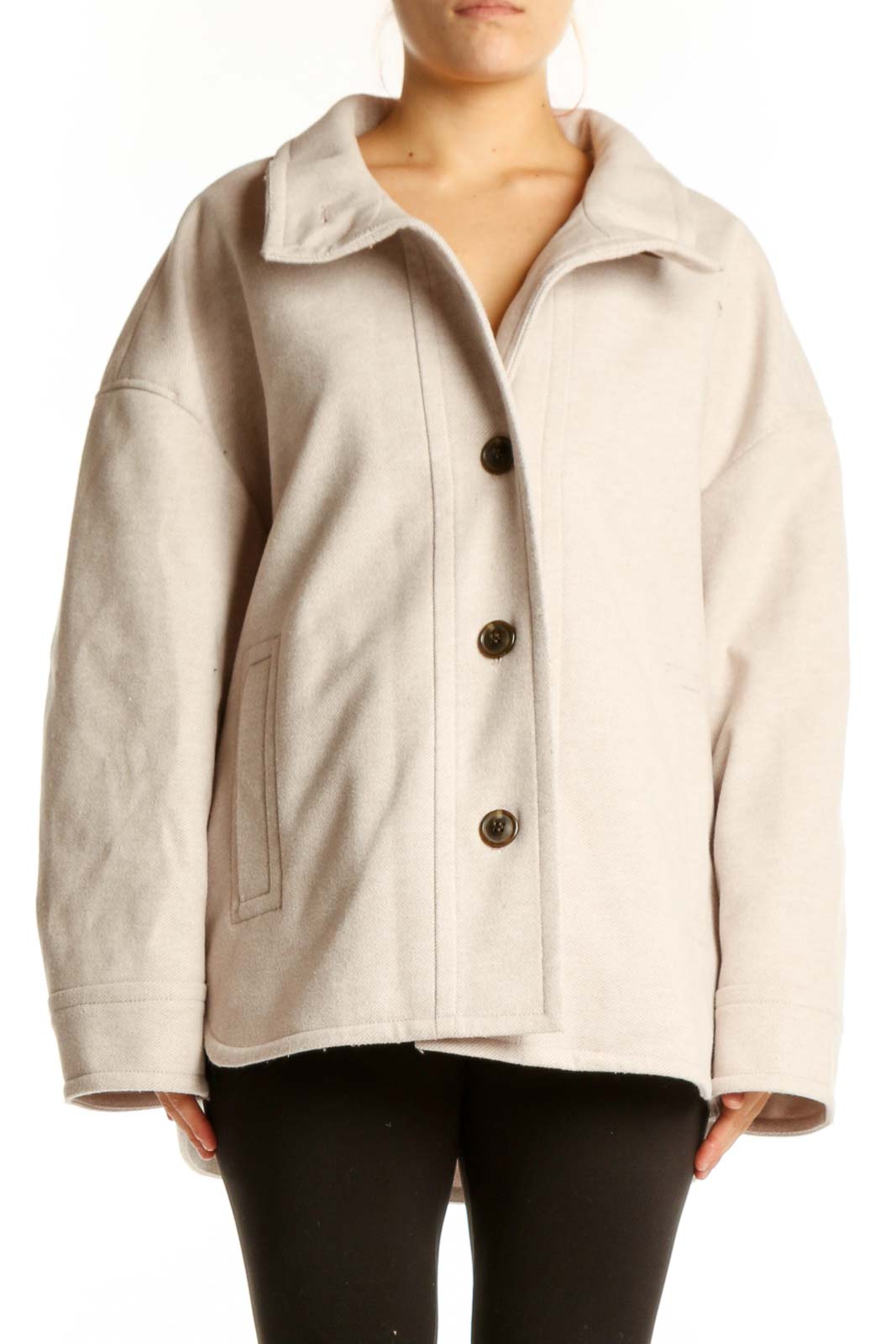 Cream polyester button-up jacket with collar and dark brown buttons, front view on model