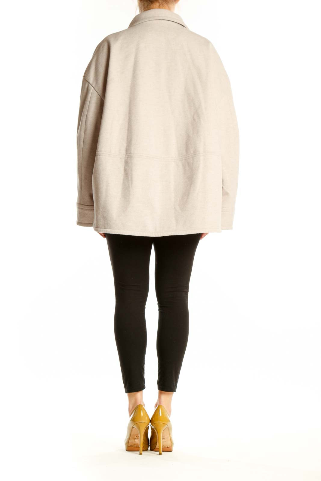 Cream polyester button-up jacket back view showing relaxed fit and functional side pockets