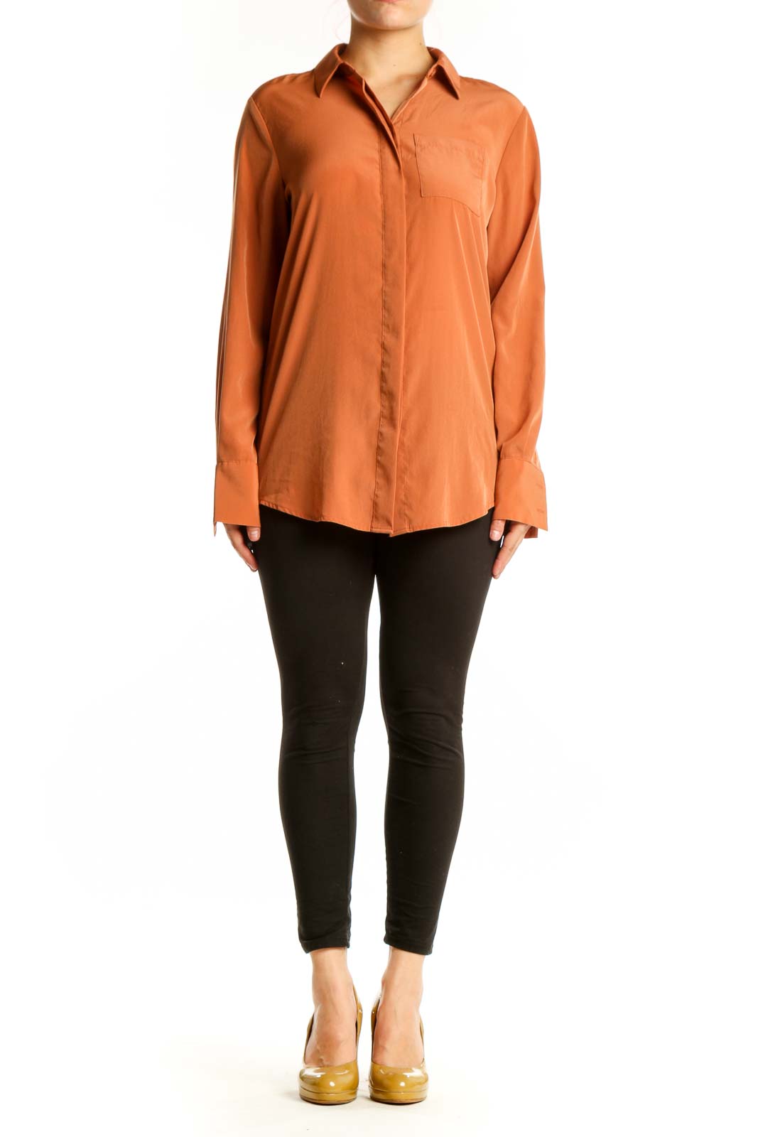 Nine West orange polyester button-up shirt with collared neckline and chest pocket, front view