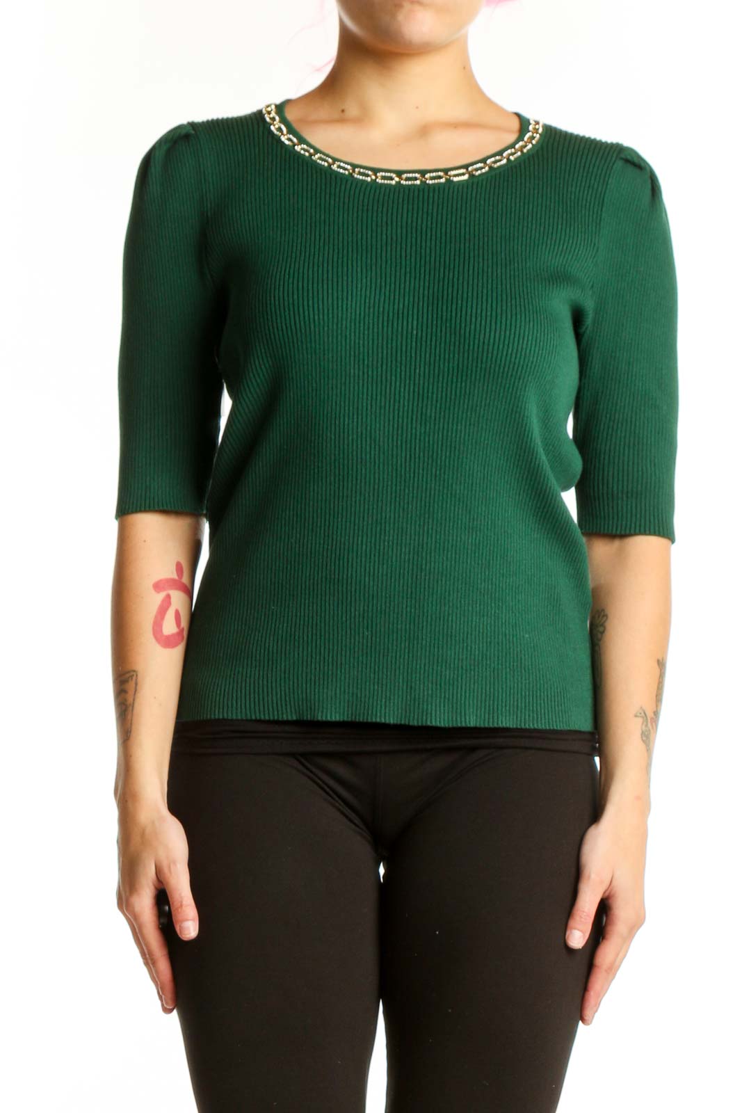 Front view of green ribbed knit top with chain neckline detail by Nanette Lepore, size M