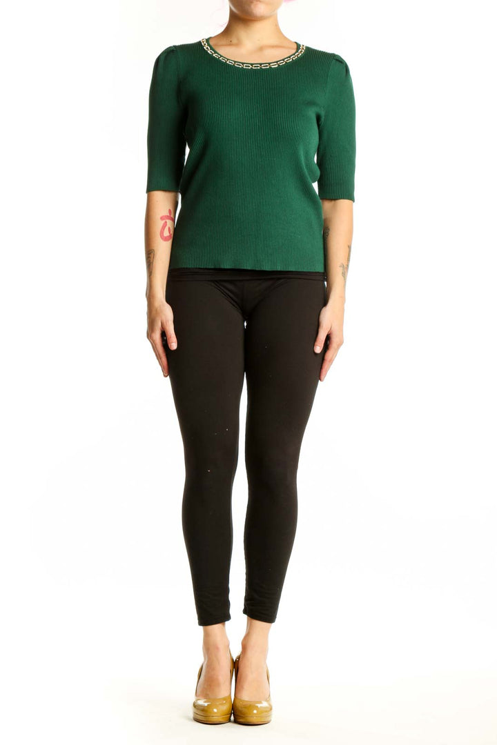 Front view of green ribbed knit top with chain neckline detail by Nanette Lepore, size M