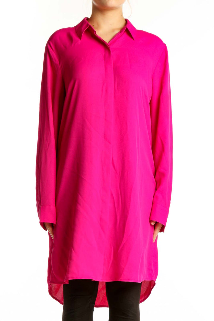Front view of pink button-front shirt dress with collared neckline and long sleeves