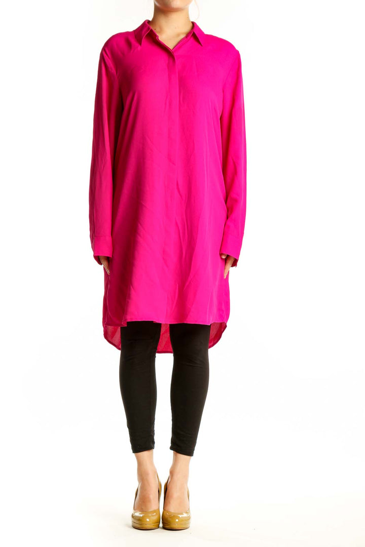 Front view of pink button-front shirt dress with collared neckline and long sleeves