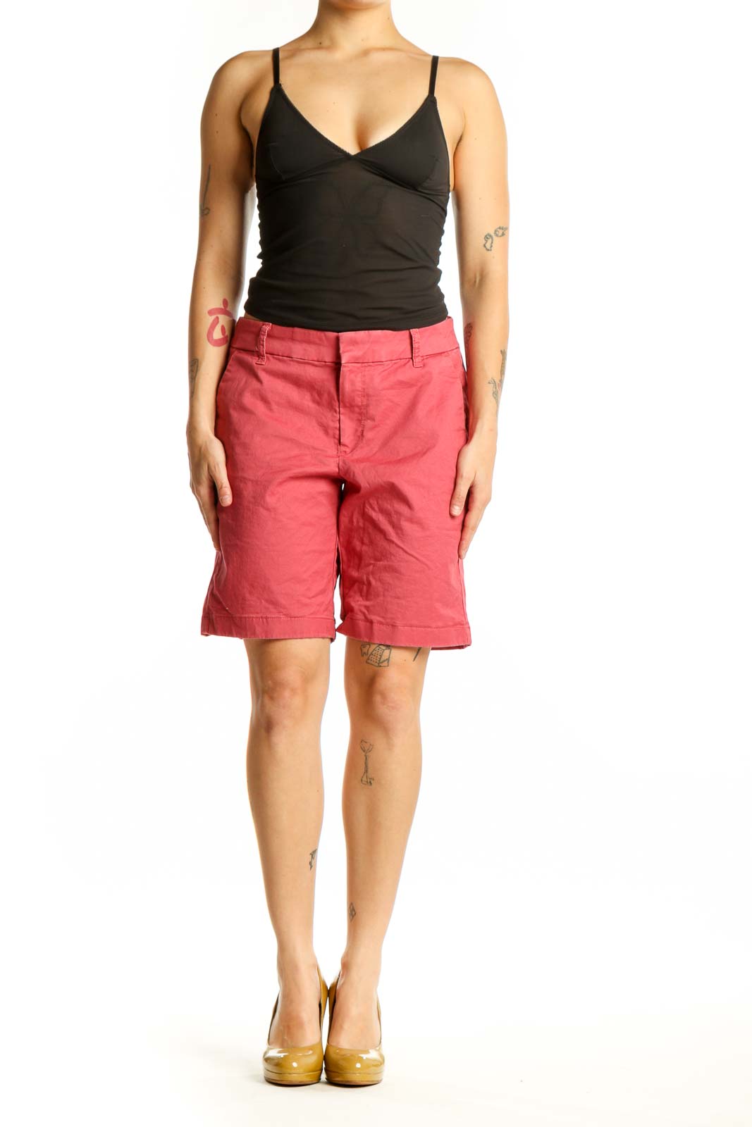 Red cotton bermuda shorts front view, J.Crew size M with classic tailored fit