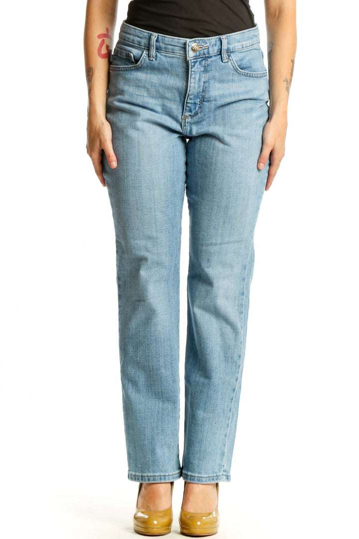 Front view of light blue straight-leg denim jeans with mid-rise waist and classic five-pocket styling