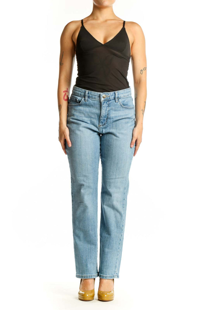 Front view of light blue straight-leg denim jeans with mid-rise waist and classic five-pocket styling