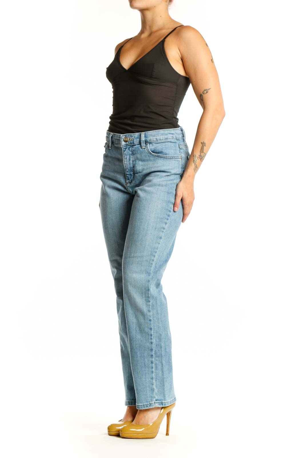 Front view of light blue straight-leg denim jeans with mid-rise waist and classic five-pocket styling