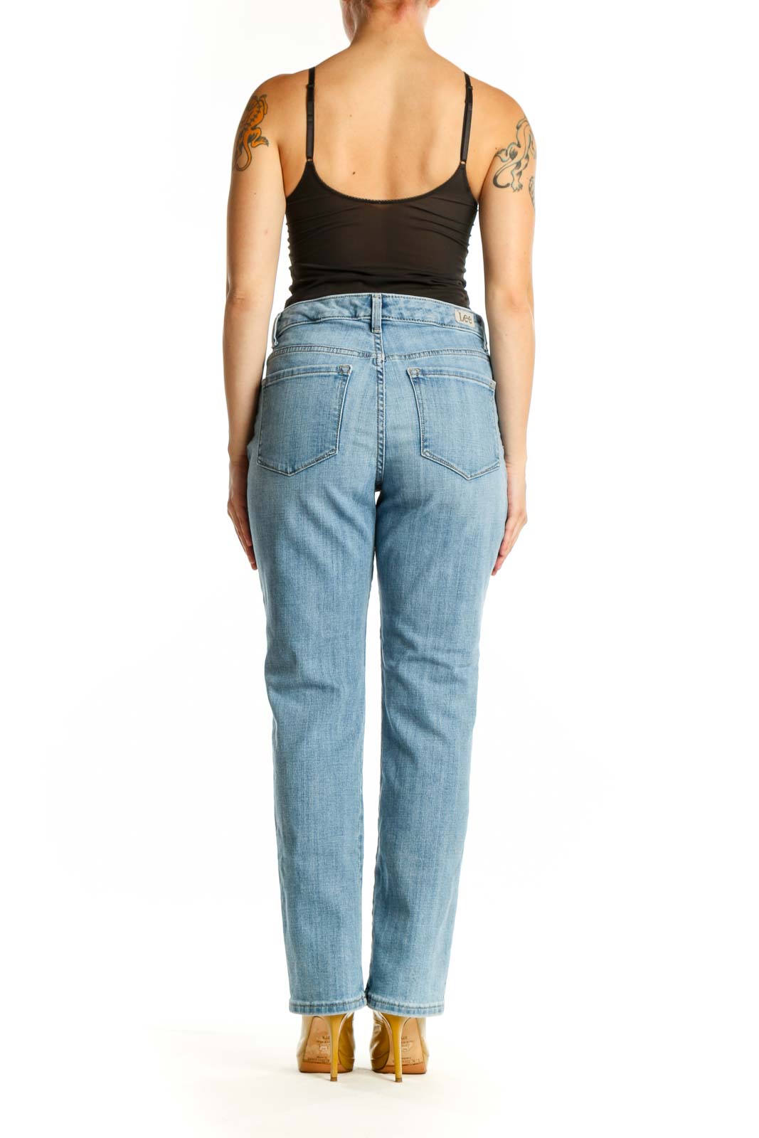 Back view of light blue straight-leg denim jeans showing classic denim construction and fit