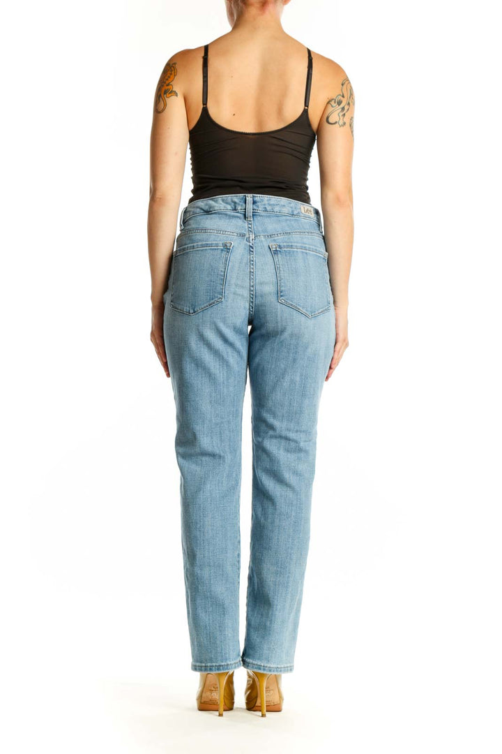 Back view of light blue straight-leg denim jeans showing classic denim construction and fit
