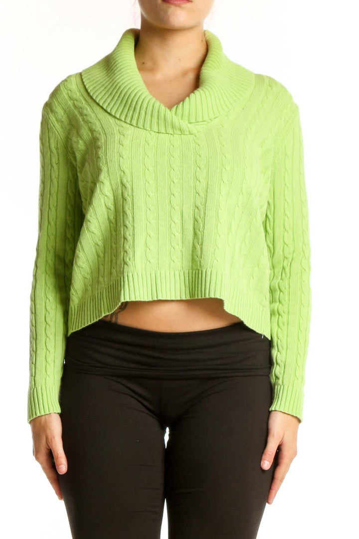 Lime green cashmere silk cowl neck sweater with cable knit pattern, cropped silhouette, worn with black pants