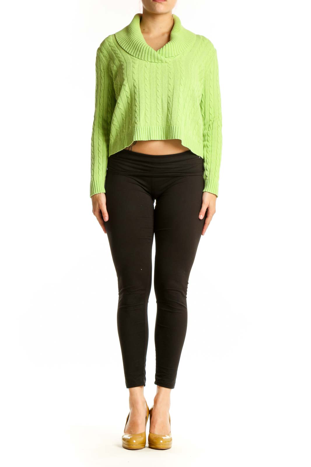 Lime green cashmere silk cowl neck sweater with cable knit pattern, cropped silhouette, worn with black pants