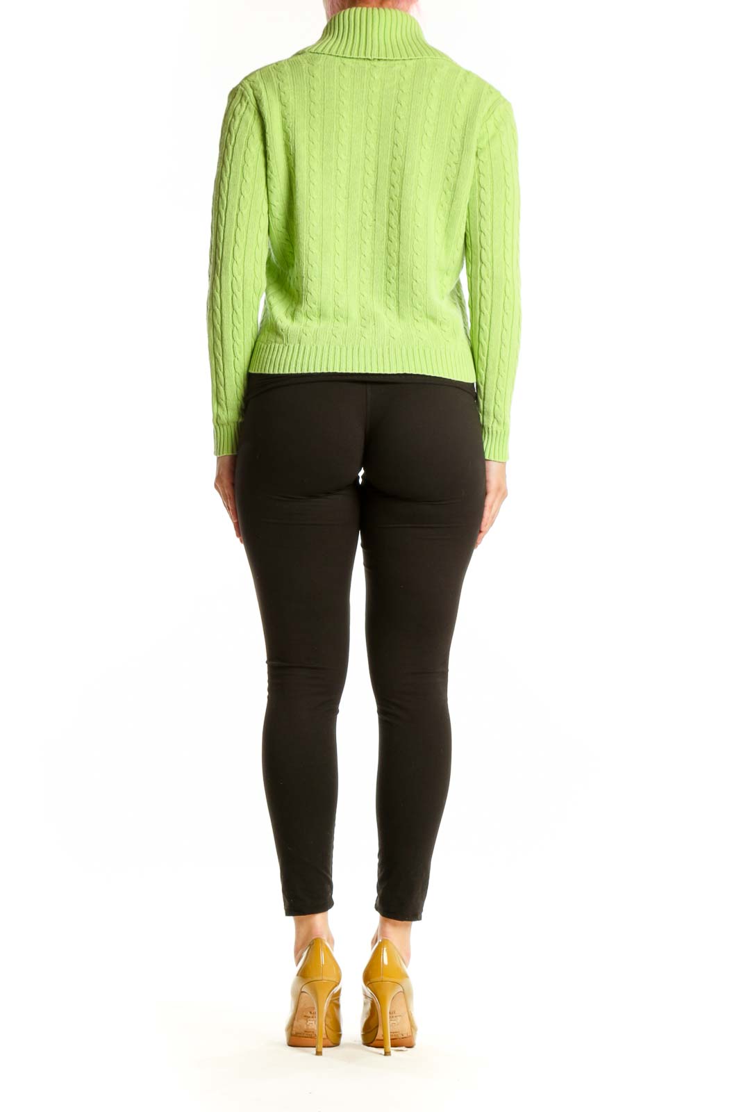 Back view of lime green cashmere silk cropped sweater showing cable knit design and cowl neckline