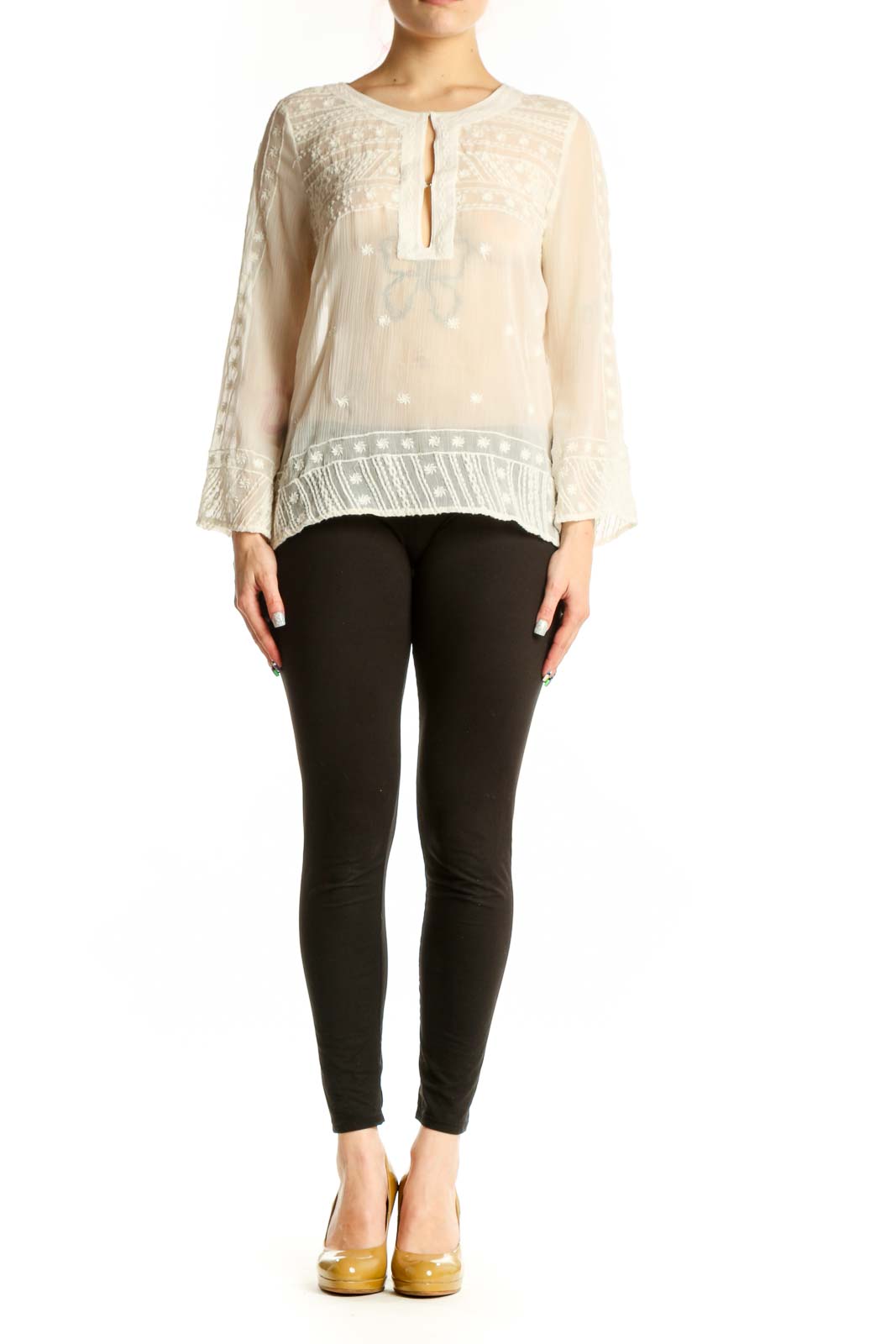Cream embroidered Mango blouse with keyhole neckline and bell sleeves, front view on model