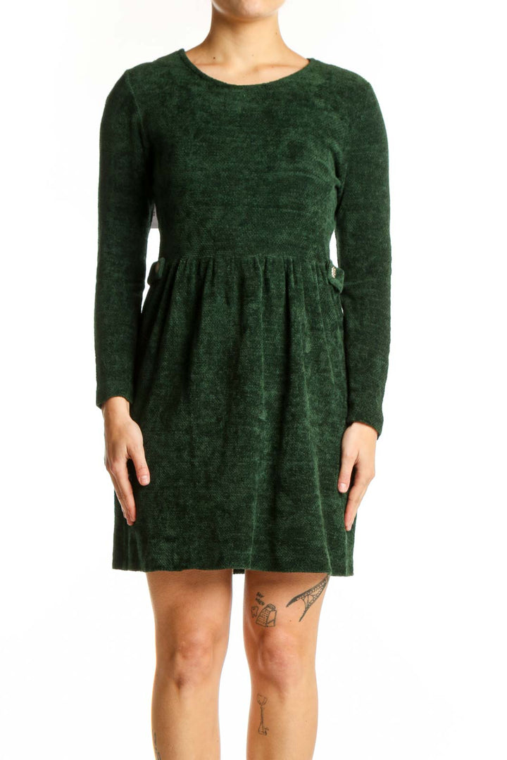 Front view of forest green long sleeve knit dress with gathered waist by Coldwater Creek