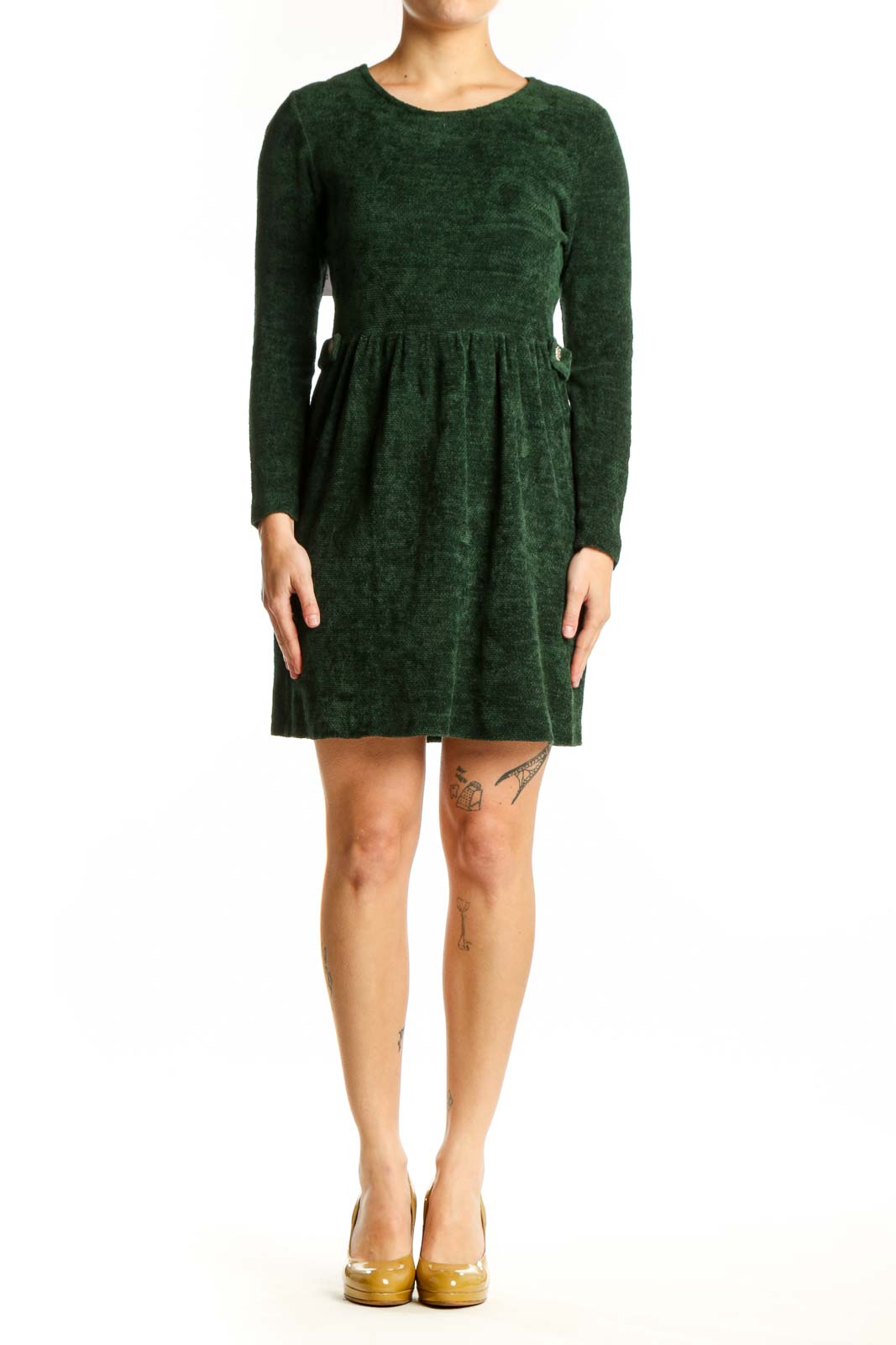 Front view of forest green long sleeve knit dress with gathered waist by Coldwater Creek