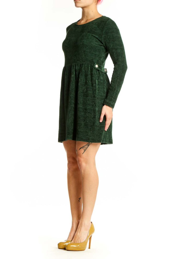 Front view of forest green long sleeve knit dress with gathered waist by Coldwater Creek