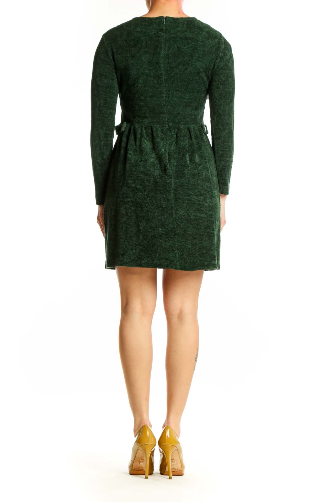 Back view of forest green long sleeve knit dress with gathered waist and side button detail by Coldwater Creek