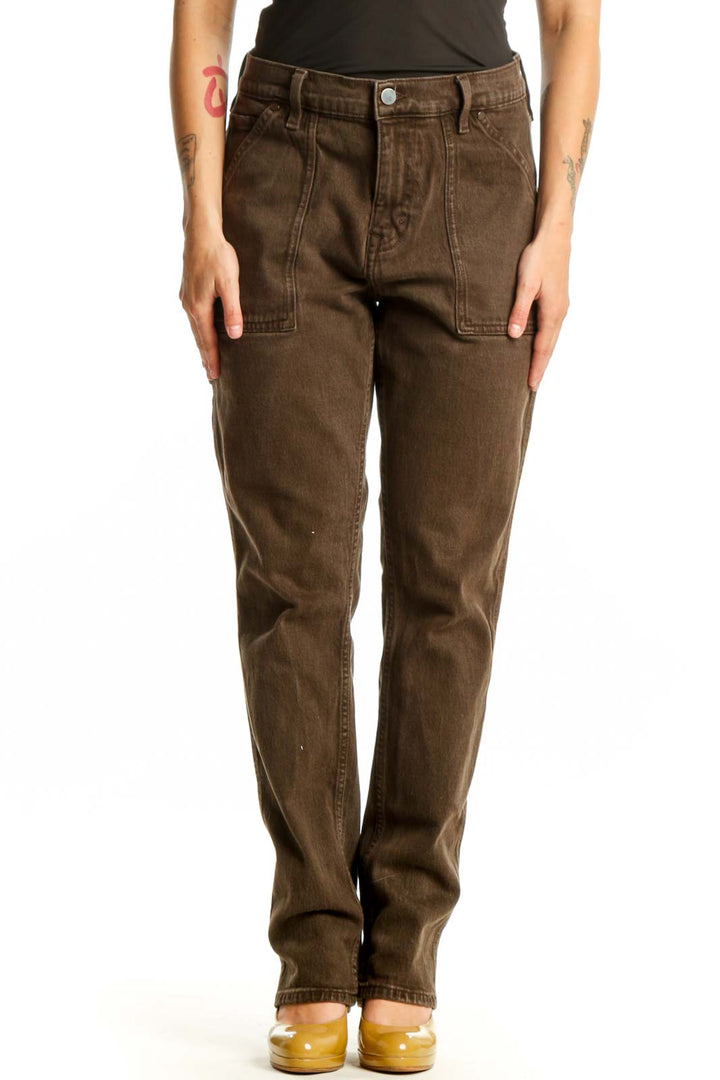 Brown denim straight-leg jeans front view, Banana Republic size L with five-pocket styling