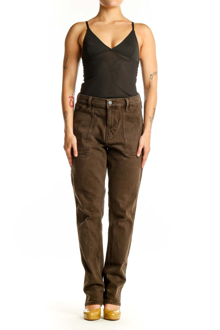 Brown denim straight-leg jeans front view, Banana Republic size L with five-pocket styling