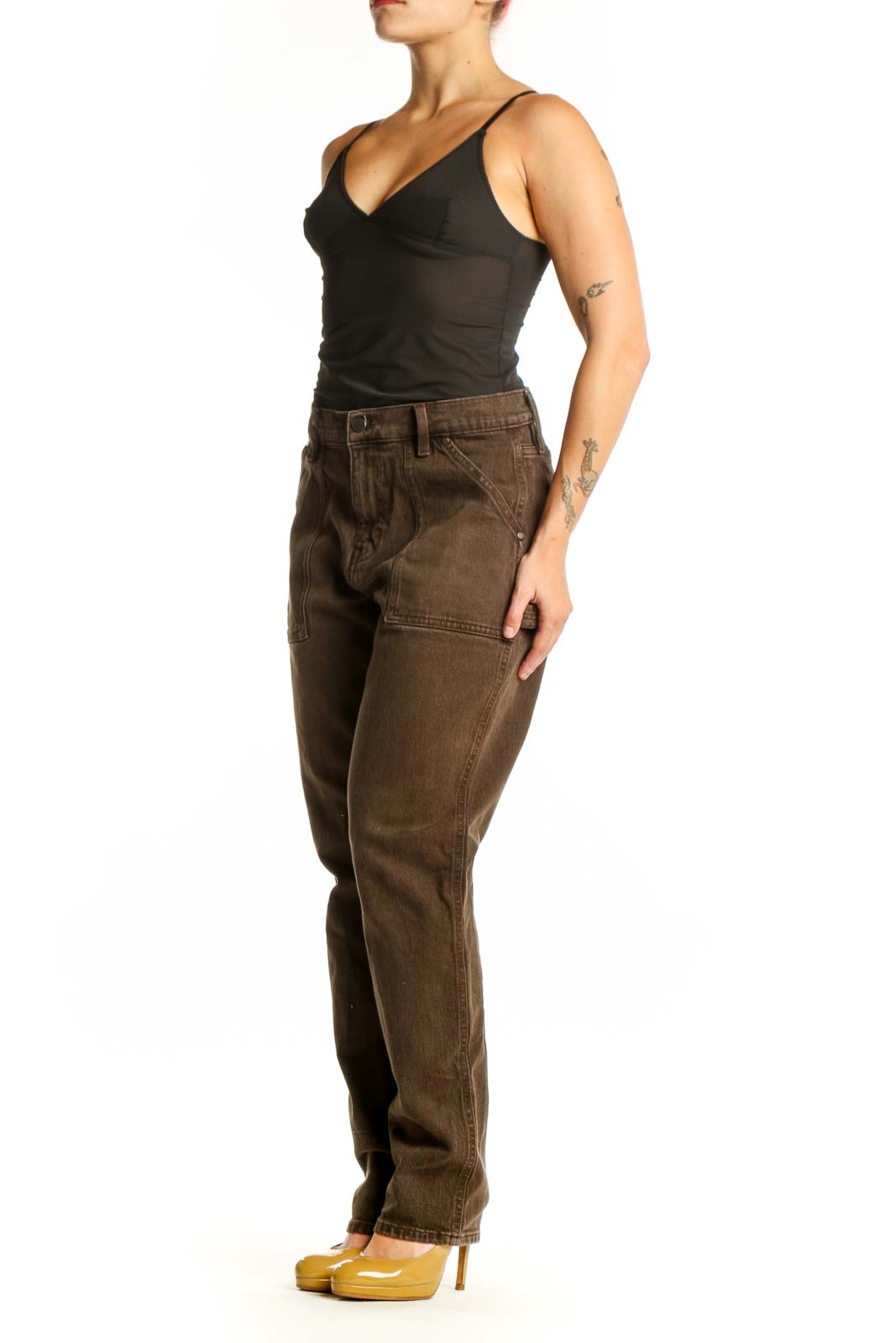 Brown denim straight-leg jeans front view, Banana Republic size L with five-pocket styling