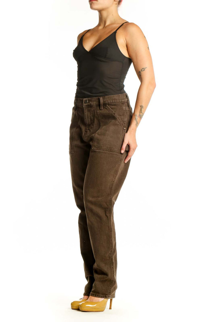 Brown denim straight-leg jeans front view, Banana Republic size L with five-pocket styling