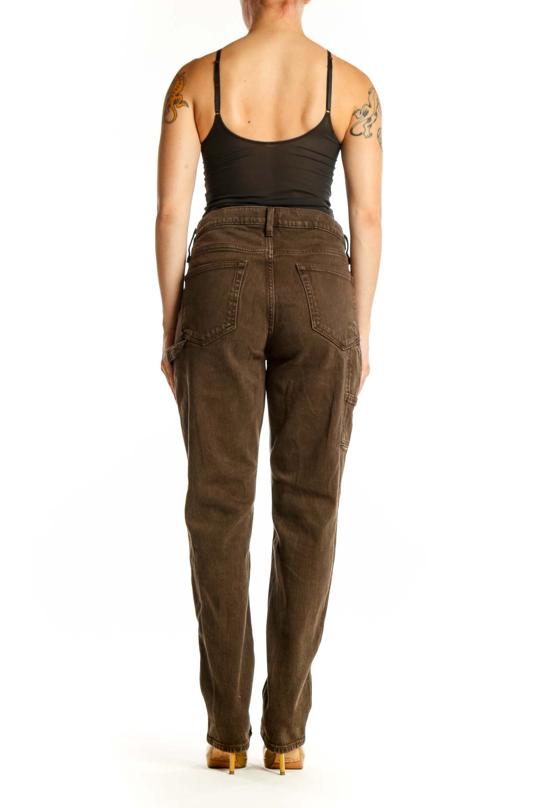 Brown denim straight-leg jeans back view, showing classic pocket design and straight-leg silhouette