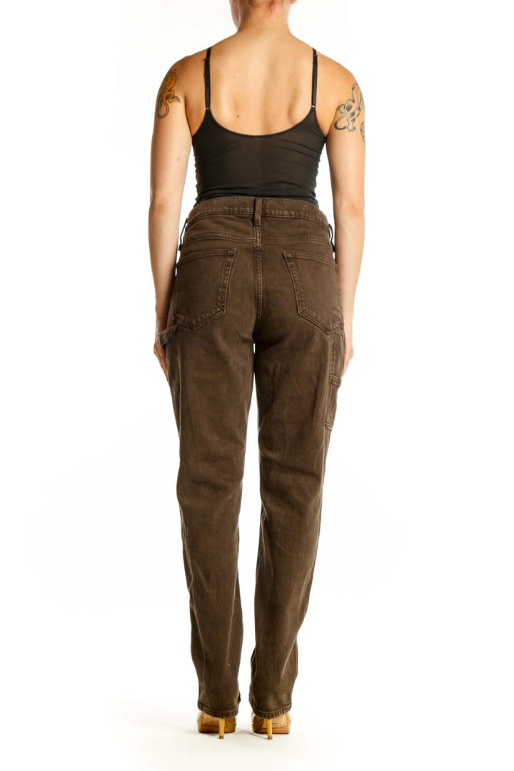 Brown denim straight-leg jeans back view, showing classic pocket design and straight-leg silhouette