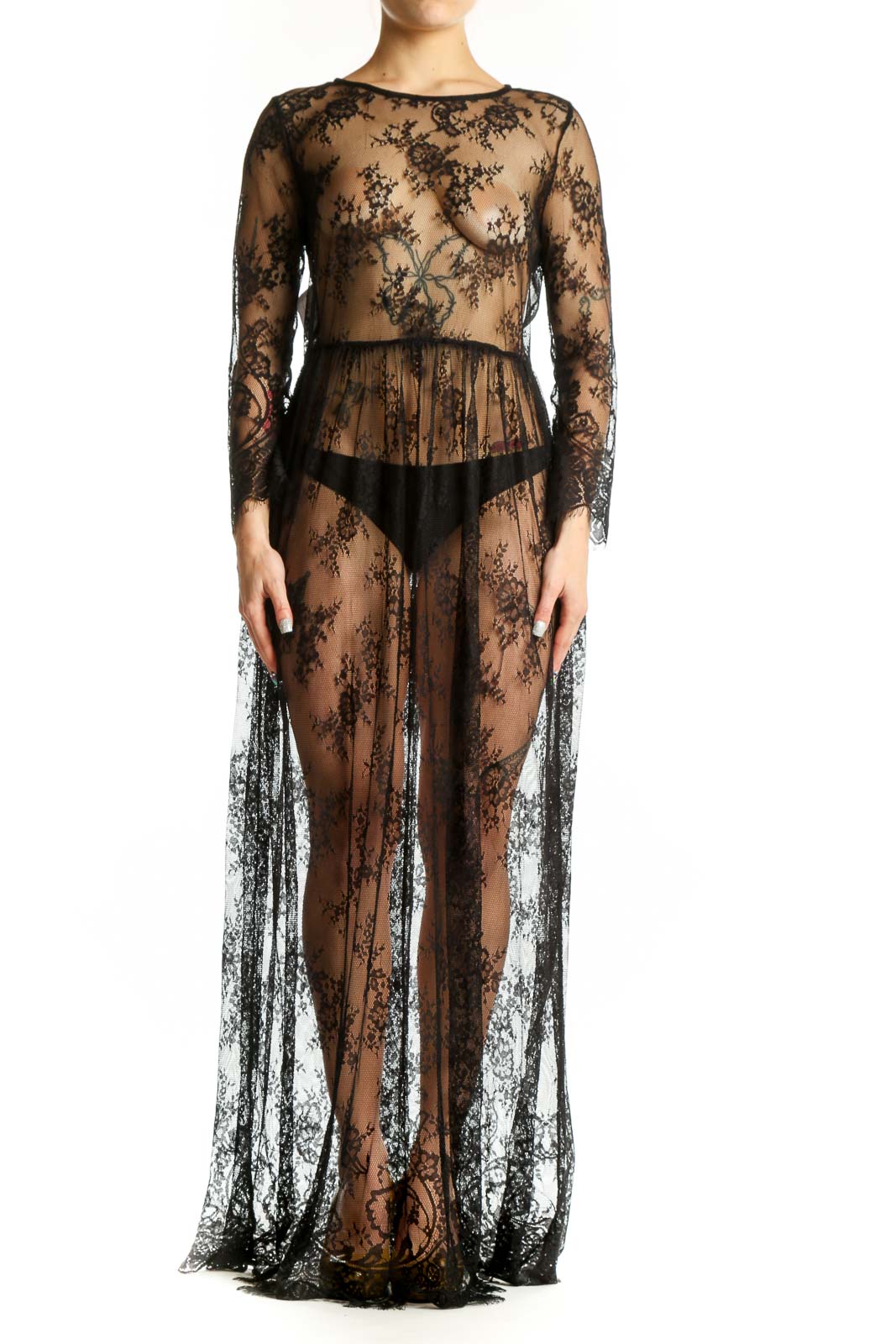 Black lace long sleeve maxi dress with floral overlay and fitted waistband, front view
