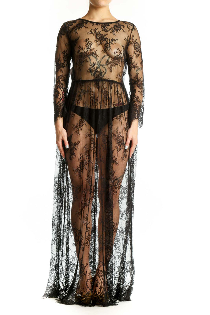 Black lace long sleeve maxi dress with floral overlay and fitted waistband, front view
